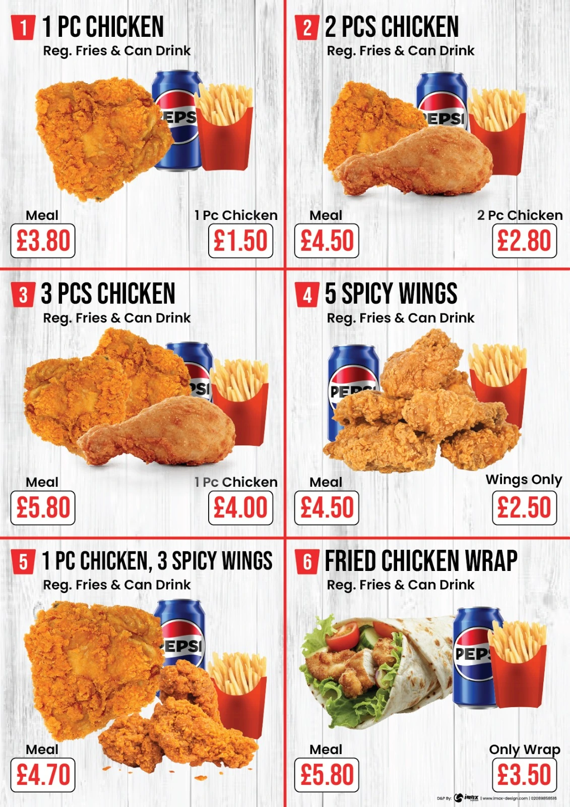 Original menu page 1: chicken and wings, meals and prices