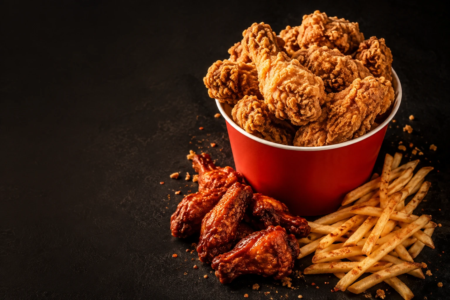 A bucket of golden fried chicken with wings and fries