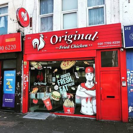 The red Original Fried Chicken shopfront at 214 Mile End Road, London